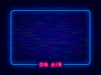 On air neon frame. Blue border on brick wall. Radio podcast. Live broadcast advertising. Vector stock illustration - obrazy, fototapety, plakaty