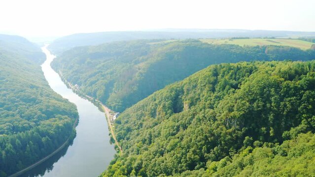 panoramic of Saarschleife - Saar river loop in Saarland, Germany. landmarks, travel guide and postcard. landscape banner
