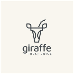 Straw with Plastic Cup Glass and Giraffe Head for African Cocktail or Juice logo design