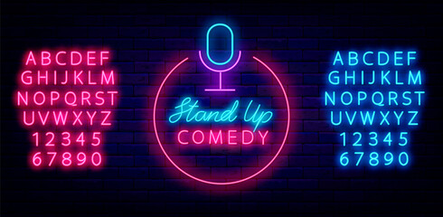 Stand up comedy neon sign. Circle label. Shiny blue and pink alphabet. Humorous performance. Vector stock illustration