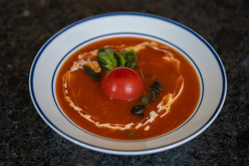 fresh cooking at home, tomato soup with basil