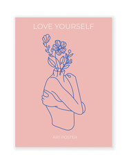 Love yourself poster. Woman hugging herself with hearts on pink background. Love your body concept. Vector line illustration - obrazy, fototapety, plakaty