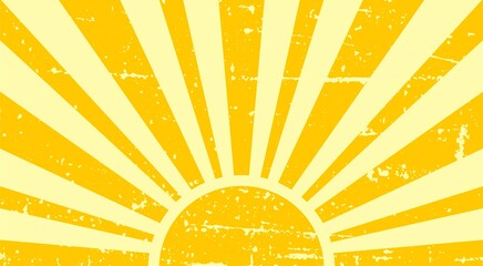 Vintage sun in yellow colors. Sunbeams with retro style. Vector background in grunge style. Horizontal banner.