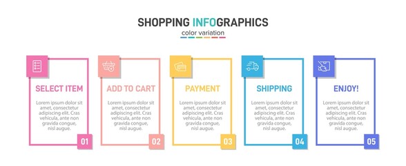 Concept of shopping process with 5 successive steps. Five colorful graphic elements. Timeline design for brochure, presentation, web site. Infographic design layout.