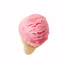 Cherry ice cream scoops with cone isolated on white background