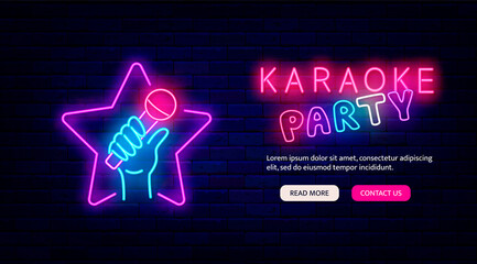 Karaoke party neon promotion. Website landing page. Star shape and microphone in man hand. Vector stock illustration - obrazy, fototapety, plakaty