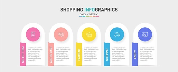 Concept of shopping process with 5 successive steps. Five colorful graphic elements. Timeline design for brochure, presentation, web site. Infographic design layout.
