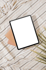 Summer lifestyle mockup of new version tablet in trendy thin frame design with white screen on...