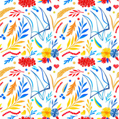 Watercolor hand-drawn seamless colorful pattern. Traditional ukrainian natural ornament. Floral summer art.