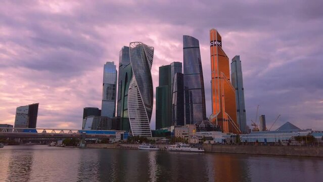 The business center of the capital Moscow-City at sunset, fast timelapse shooting.