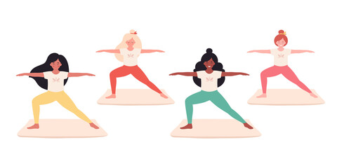 Women doing yoga. Healthy lifestyle, self care, yoga, meditation. Yoga studio, yoga class. Hand drawn vector illustration