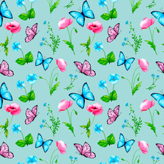 Seamless pattern. Watercolor flowers and butterflies on a blue background. Poppies, forget-me-nots, pansies. Design for wrapping paper, fabric, wallpaper and other printing.