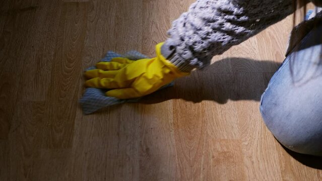 Woman cleaning home with duster cloth