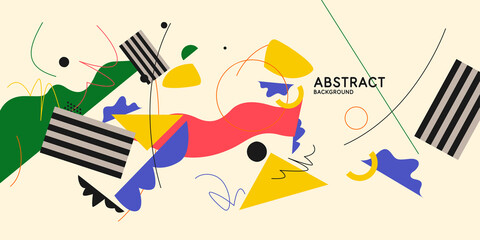 Abstract background in a modern trendy style. Poster with simple flat geometric and amorphous shapes.