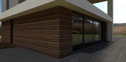 The corner view of the high-tech style house