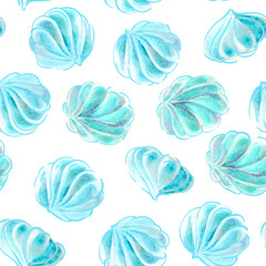 Background of Blue delicate marshmallows, bizet cakes. Graphic color drawing with handmade watercolor paint. Confectionery products.