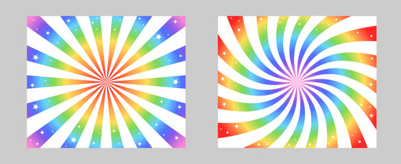 Solar explosion Sun Burst Effect. Vector Sunburst wallpaper. Rainbow color burst set of 2 sun rays background. Circus background, abstract pattern with colorful rays, banner element for show, fair.