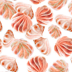 Background seamless red pink watercolor meringue Cakes. The texture of Desserts made of sweets for packaging design. Confectionery for cafes.