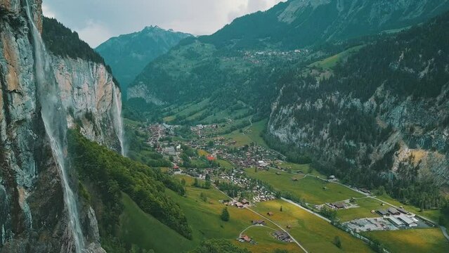 Lauterbrunnen village and waterfalls - Aerial 4K