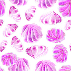 Background seamless pink lilac watercolor meringue Cakes. The texture of Desserts made of sweets for packaging design. Confectionery for cafes.
