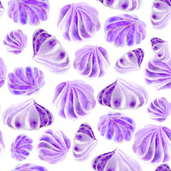 Background seamless pink lilac watercolor meringue Cakes. The texture of Desserts made of sweets for packaging design. Confectionery for cafes.