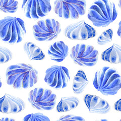 Background seamless blue watercolor meringue Cakes. The texture of Desserts made of sweets for packaging design. Confectionery for cafes.