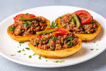Traditional Turkish food; baked potato dish with minced meat, Turkish name; Patates karniyarik