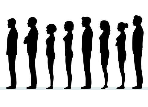 Business Men and women silhouette Waiting in Line, People In Side Standing View Vector Illustration