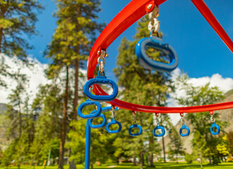 Fototapeta na wymiar Hanging monkey bars in a summer playground in a citypark. Row of blue hanging rings in a park.