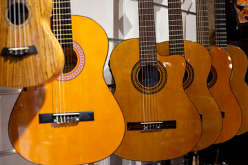 Classical nylon string guitars at showcase in music store