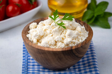 Curd cheese in wooden bowl (Turkish name; lor peyniri)