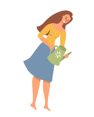 Happy beautiful woman with long hair with a watering can. Love of gardening. Colorful bright character isolated on white background. Flat, vector illustration.