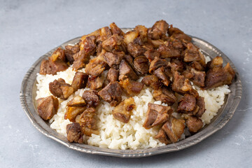 Turkish Meat Et Kavurma with rice - pilav (Turkish name; kurban kavurma, pilav ustu kavurma)