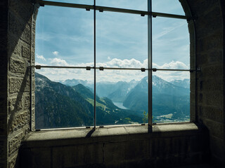 View through the Kehlstein hut window on Lake Konigssee, Berchtesgaden, Germany