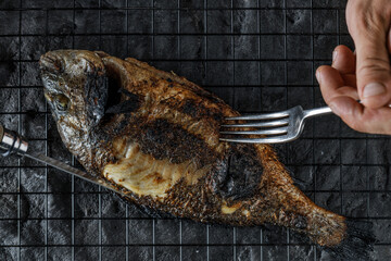 Whole grilled Dorado or Sea Bream on dark textured background. Healthy eating concept. Seafood...
