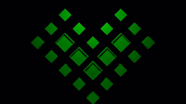Black background . Design. A beautiful green heart made of squares that move in animation.