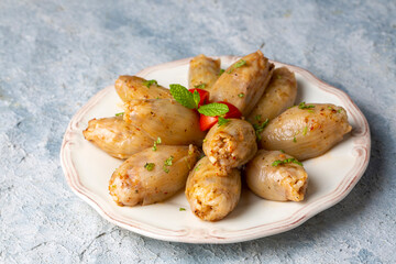 Stuffed Onion Dish. Stuffed onions from traditional Turkish dishes (Turkish name; Sogan dolmasi)