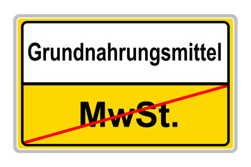 Gelbes Schild und Mehrwertsteuer MWST auf Grundnahrungsmittel in Deutschland Illustration auf weissem Hintergrund - obrazy, fototapety, plakaty