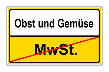 Gelbes Schild und Mehrwertsteuer MWST auf Obst und Gemüse in Deutschland Illustration auf weissem Hintergrund - obrazy, fototapety, plakaty