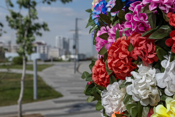bouquet of bright artificial flowers
