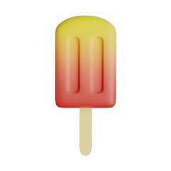 Red-yellow ice cream on stick. Fruit ice cream on wooden stick. Frozen juice. Summer cold dessert. Popsicles. Ice cream icon. 3d illustration. 3d render.