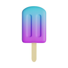 Purple ice cream on stick. Ice cream icon. Blue-purple fruit ice cream on wooden stick. Frozen juice. Summer cold dessert. Popsicles. 3d illustration. 3d render.