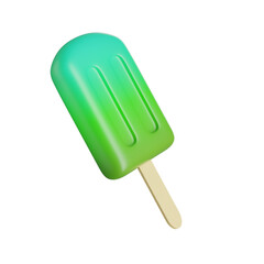Green blue ice cream on stick. Green ice cream with fruits on wooden stick. Frozen juice. Summer cold dessert. Popsicles. Side view. Ice cream icon. 3d illustration. 3d render.