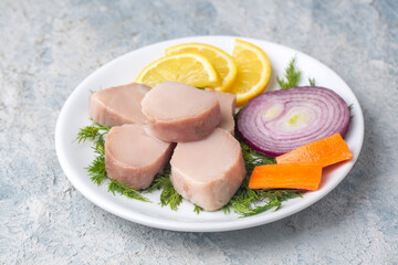 Turkish appetizer Pickled Tunny Fish with Olive Oil (Turkish name; Lakerda)