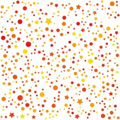 Orange and yellow stars and circles pattern on the white background. Vector illustration.