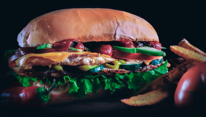 Sandwich de Pollo con vegetales, huevo y queso cheddar, acompañado por papas fritas rústicas.