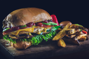 Sandwich de Pollo con vegetales, huevo y queso cheddar, acompañado por papas fritas rústicas.