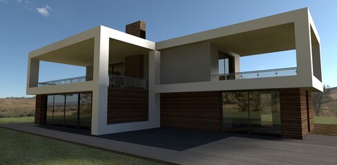 The render of high-tech style house against the blue sky