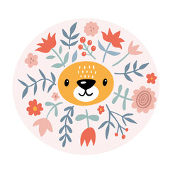 Cute lion with floral. Modern vector illustration