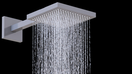Metal shower with water on on a black background. 3d rendering - obrazy, fototapety, plakaty